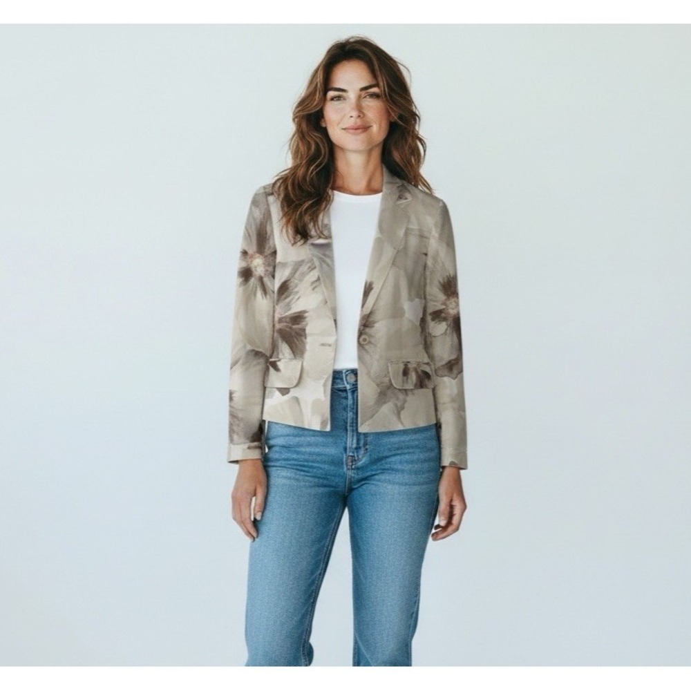 Vintage Cropped Floral Jacket 100% Silk PM Neutral Beige Gray Pansies Capsule